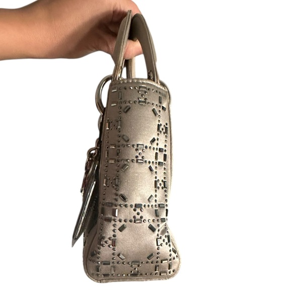 💎Satin Dior Mini Lady Dior Silver Beaded Gray Satin Small Handbag - Picture 4 of 10